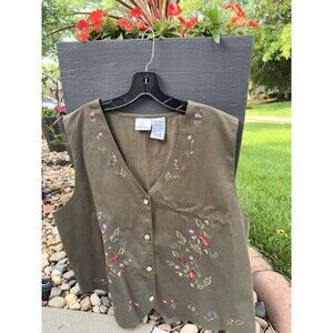 Bobbie Brooks Vintage Vest XL Olive Green Floral Embroidered Cottagecore Cotton
